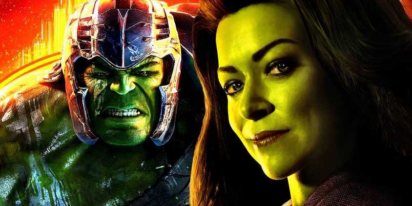 MCU's She-Hulk with Hulk in his gladiator armor behind her.