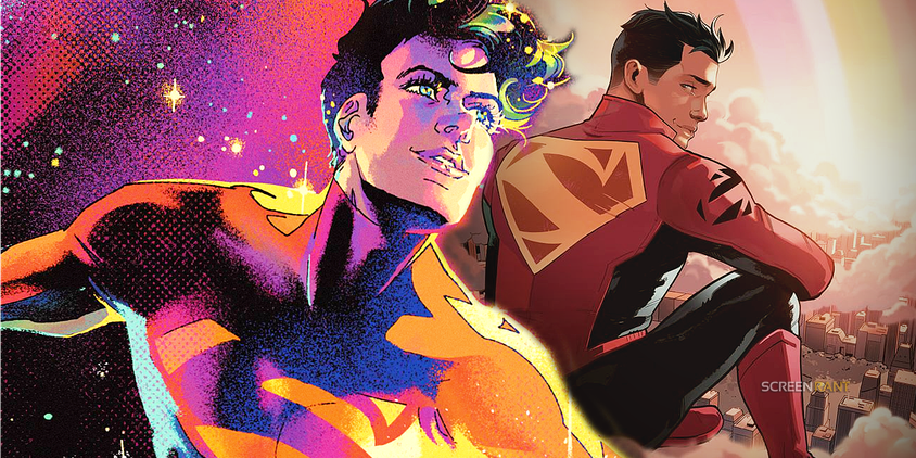 Comic book art: Superman Jon Kent in space and looking at a rainbow.