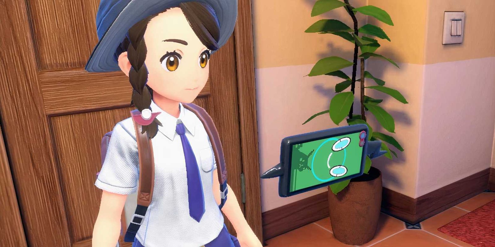 Pokemon violet and scarlet character looking at hovering rotom phone.
