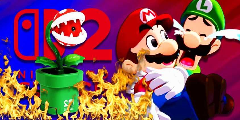 Luigi crying with Mario from Brothership next to a Nintendo Switch 2 camera and the Switch 2 logo.