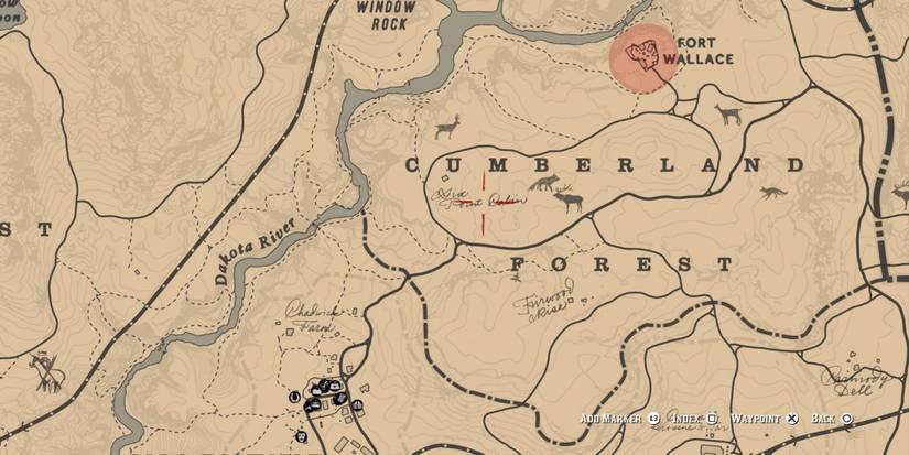 The location of the O'Driscoll Gang on RDR2's Cumberland Forest Map