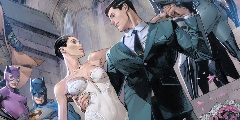 Comic book art: Batman and Catwoman in wedding clothing.