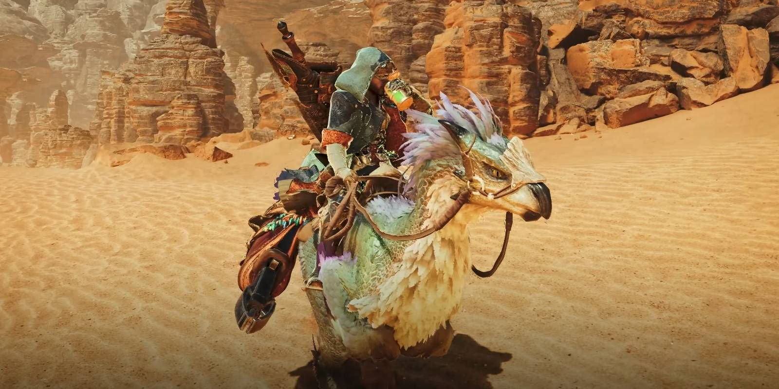 Monster Hunter Wilds hunter recovering health with a Potion on top of their Seikret mount