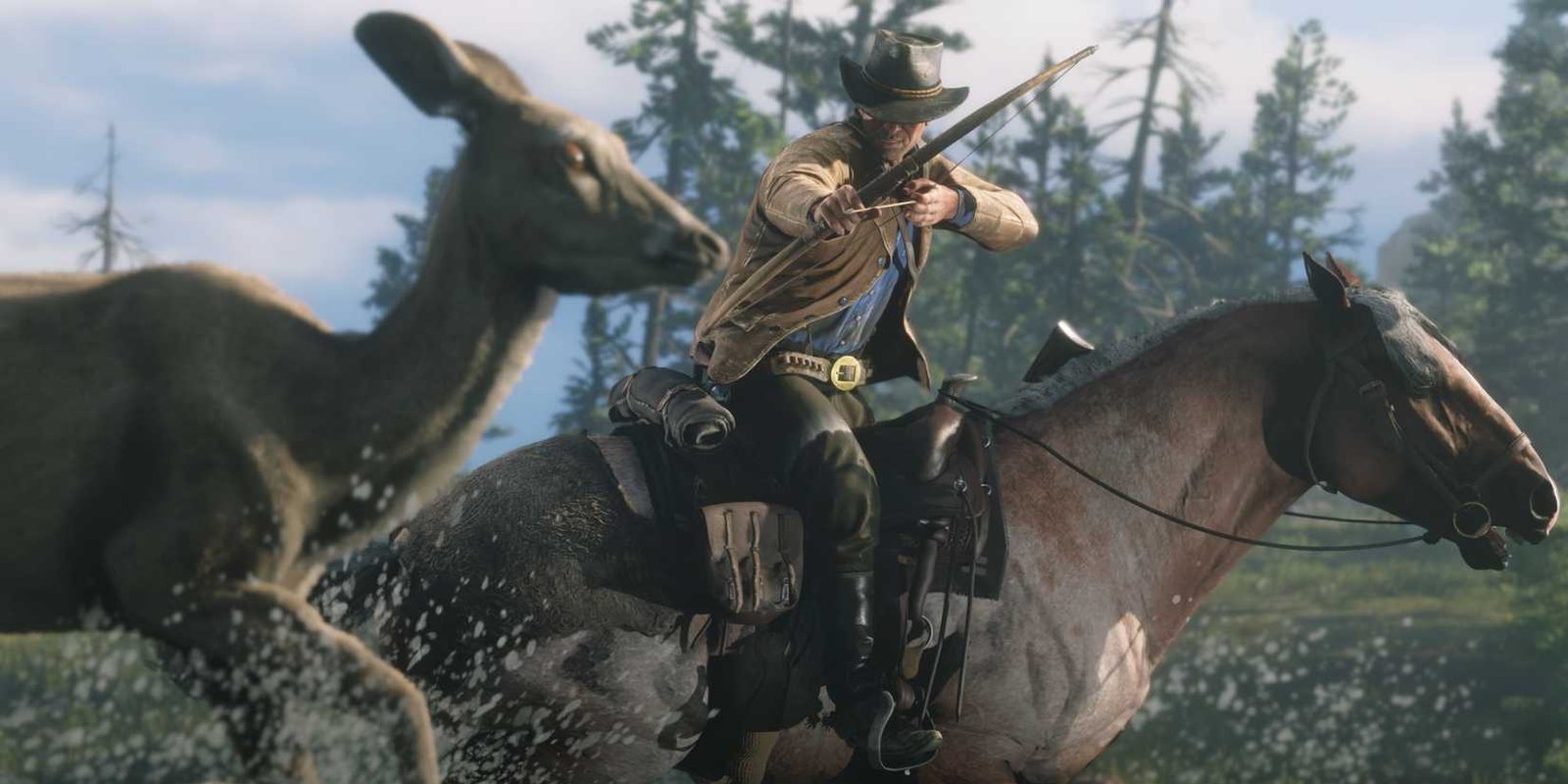Arthur aiming a bow at a deer in Red Dead Redemption 2.