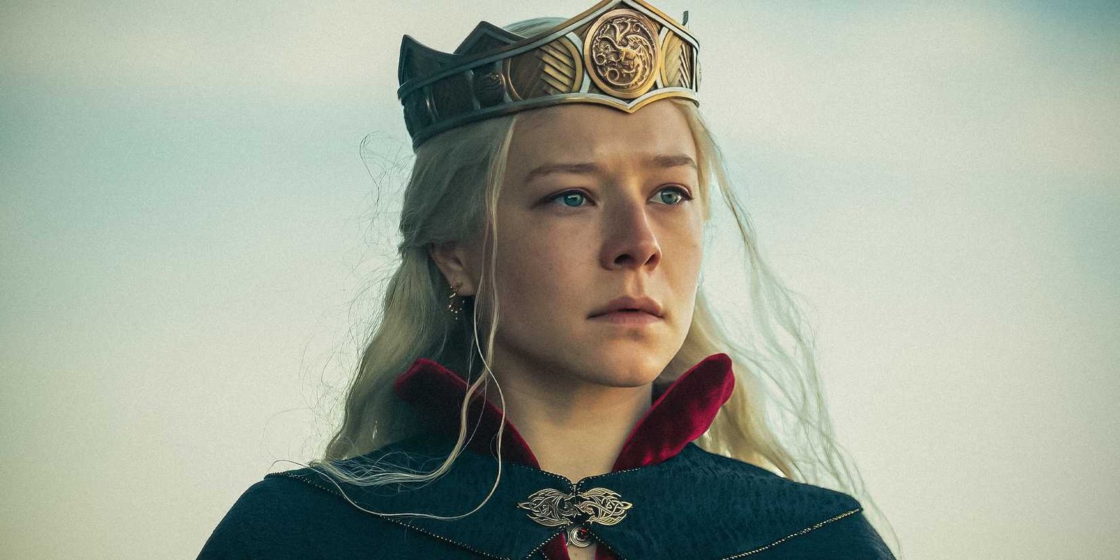 Rhaenyra wearing a crown and looking sad in House of the Dragon