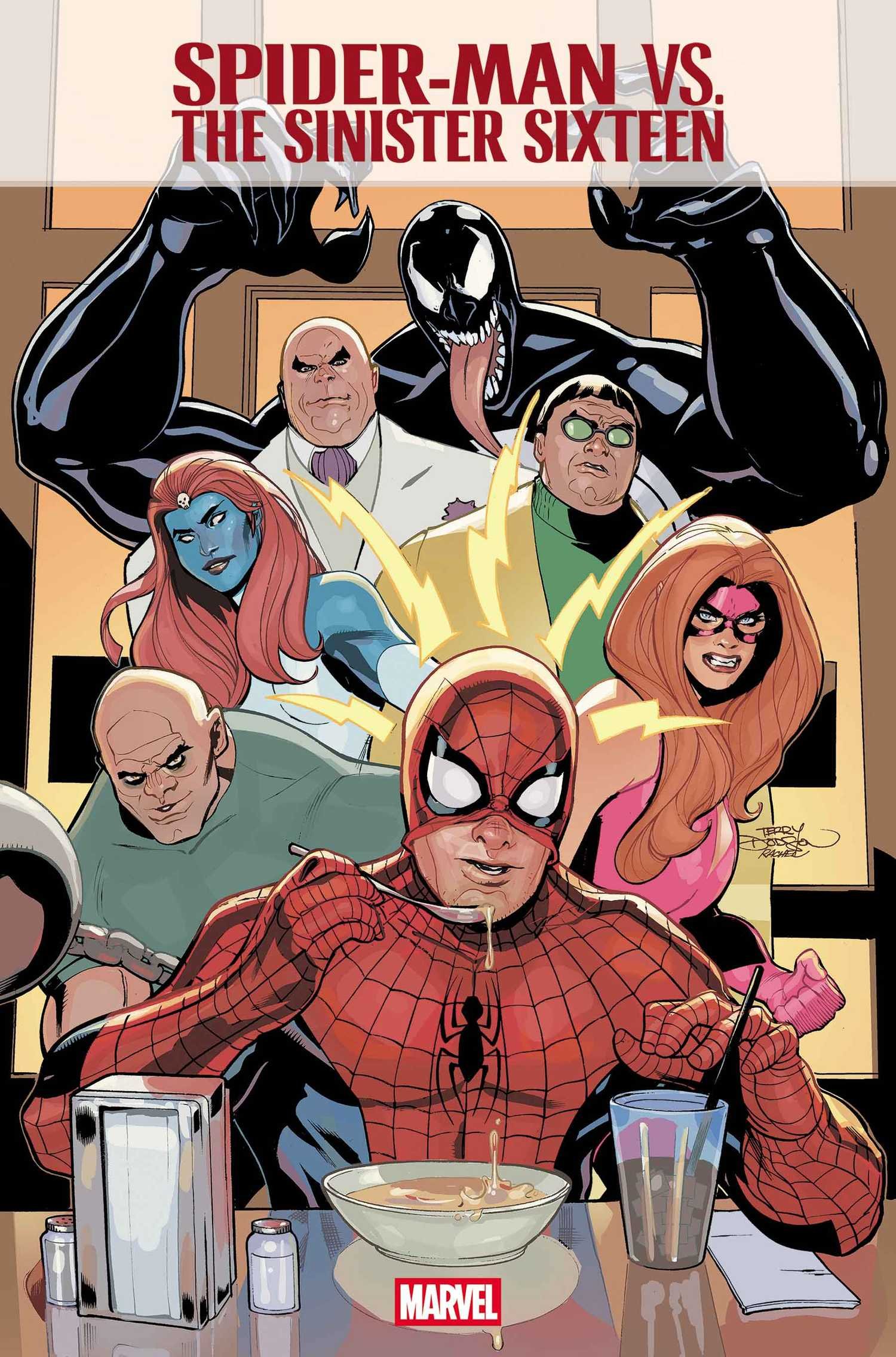 Spider-Man vs the Sinister Sixteen preview, showing Spider-Man flanked by villains