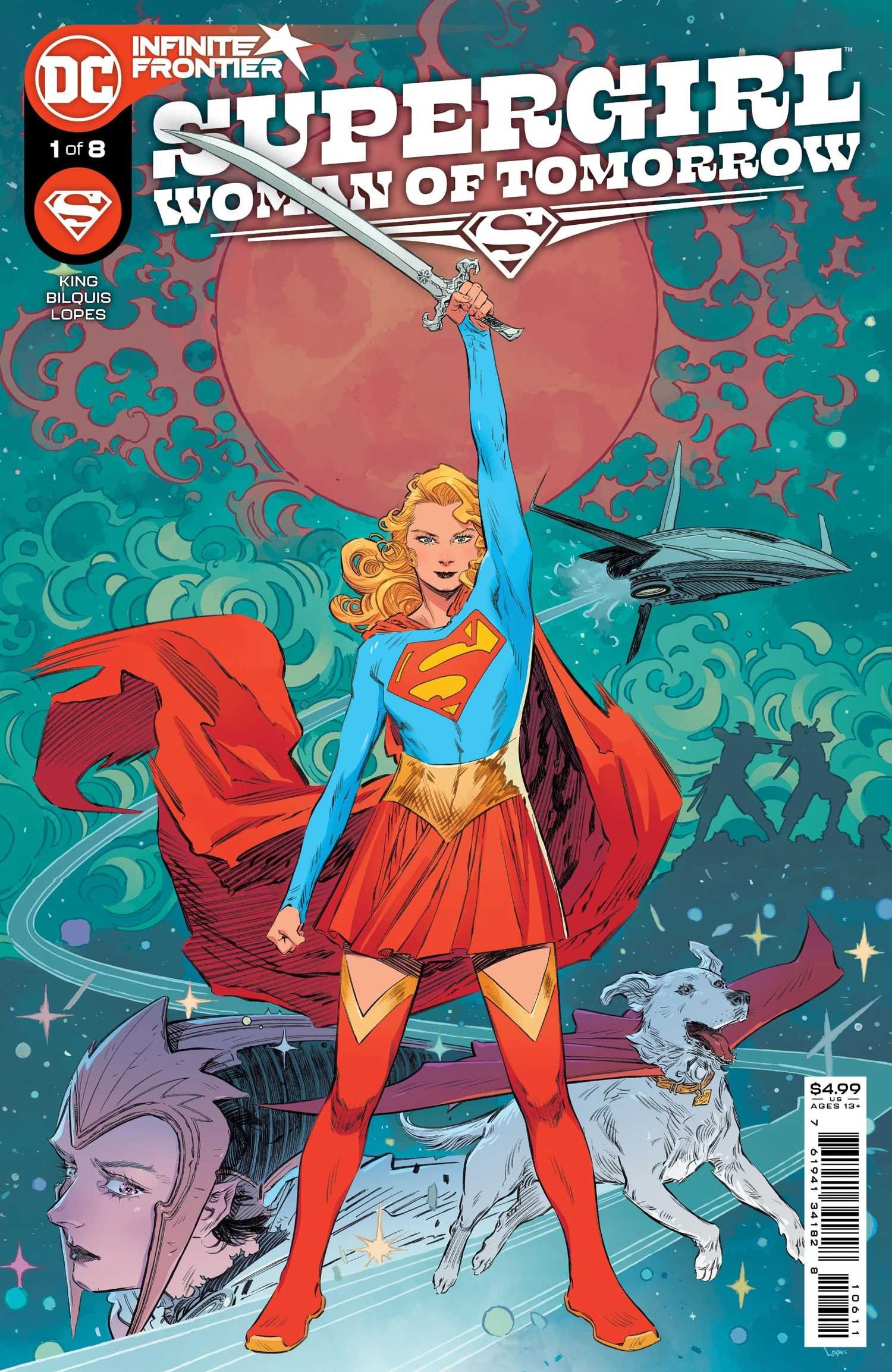 Supergirl stands holding a sword aloft. Behind her is a young woman's face, Krypto the Super-Dog, a spaceship, and a large red sun.