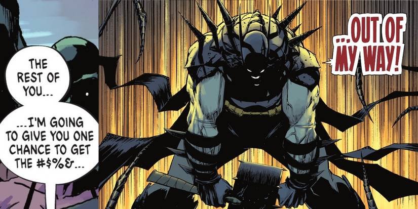 Comic book panels: Absolute Batman reveals the spikes on his cape.