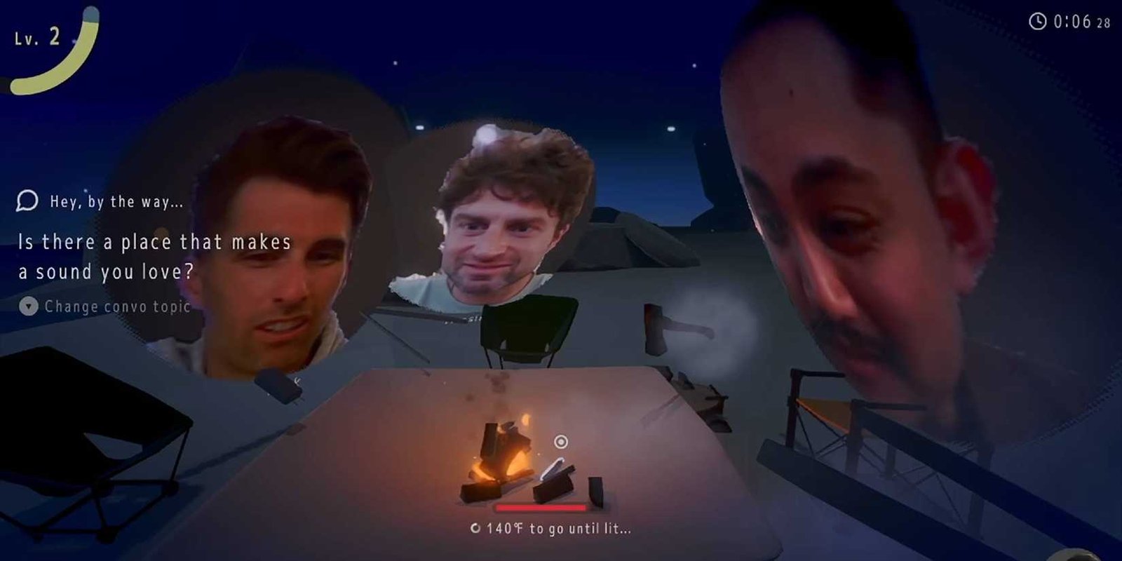 Three people's faces over gameplay of Chillin' by the Fire.