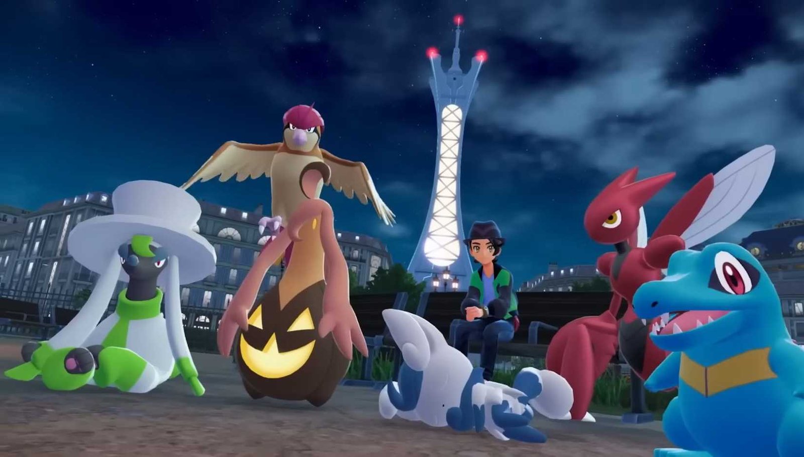 Player sitting on a bench in Pokemon Legends_ Z-A surrounded by Totodile, Scizor, Pidgeotto, Furfrou, and Gourgeist