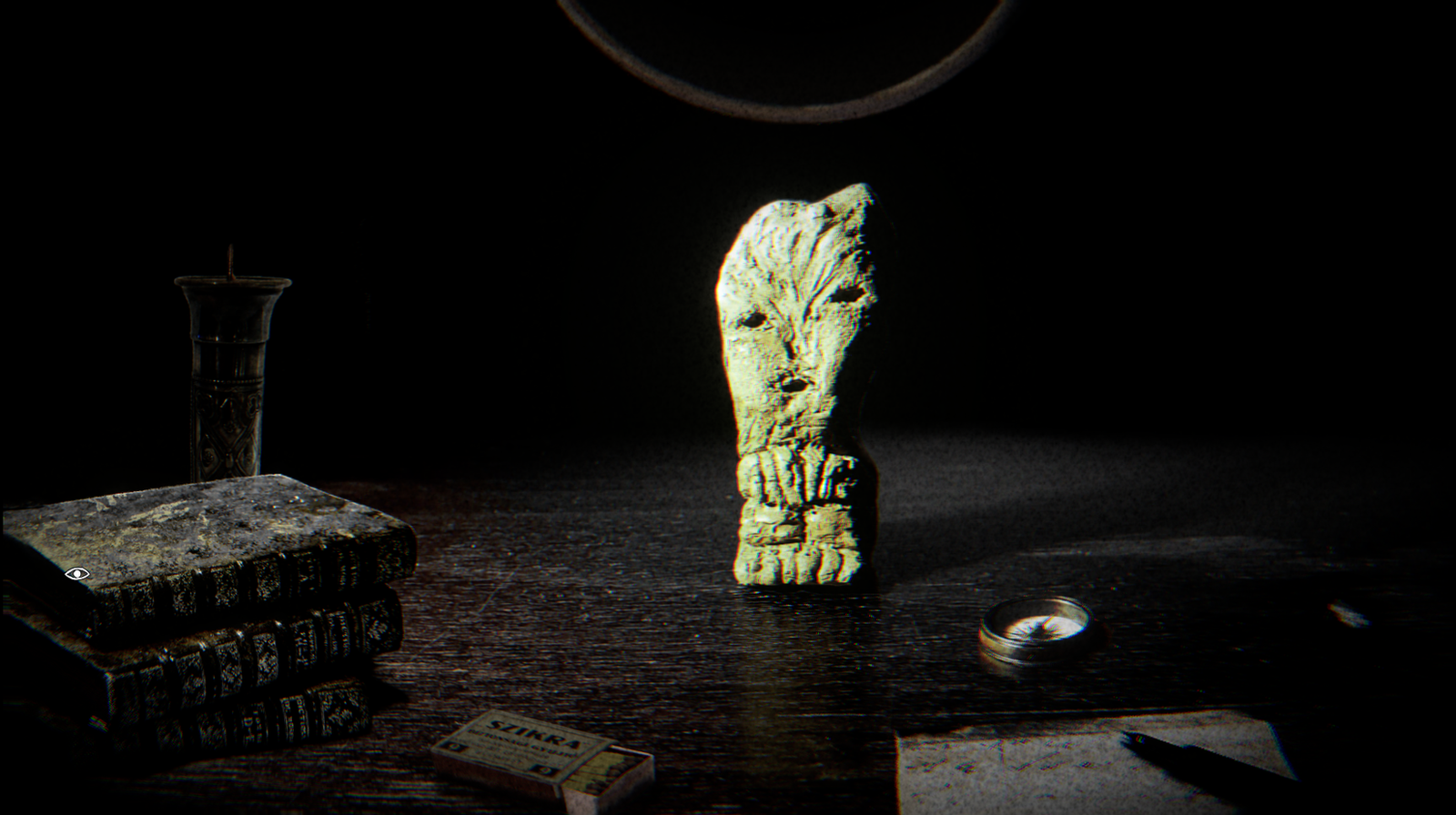 The Children of Clay screenshot of a face-like artifact standing on a table