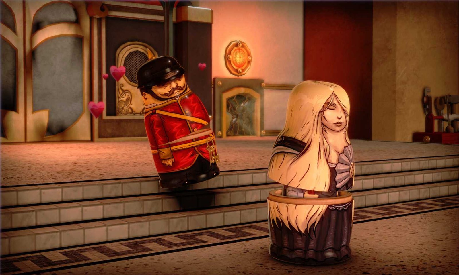 Stacking screenshot showing a guard russian doll following a woman with a fan