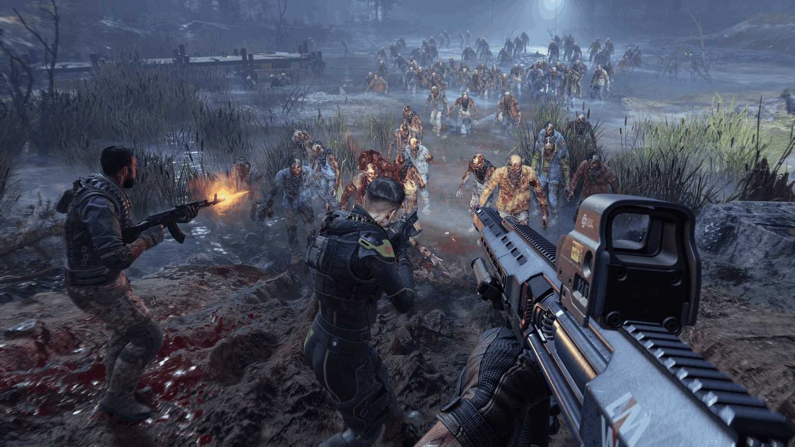 John Carpenter's Toxic Commando screenshot showing a group of survivors shooting at a horde of incoming zombies.