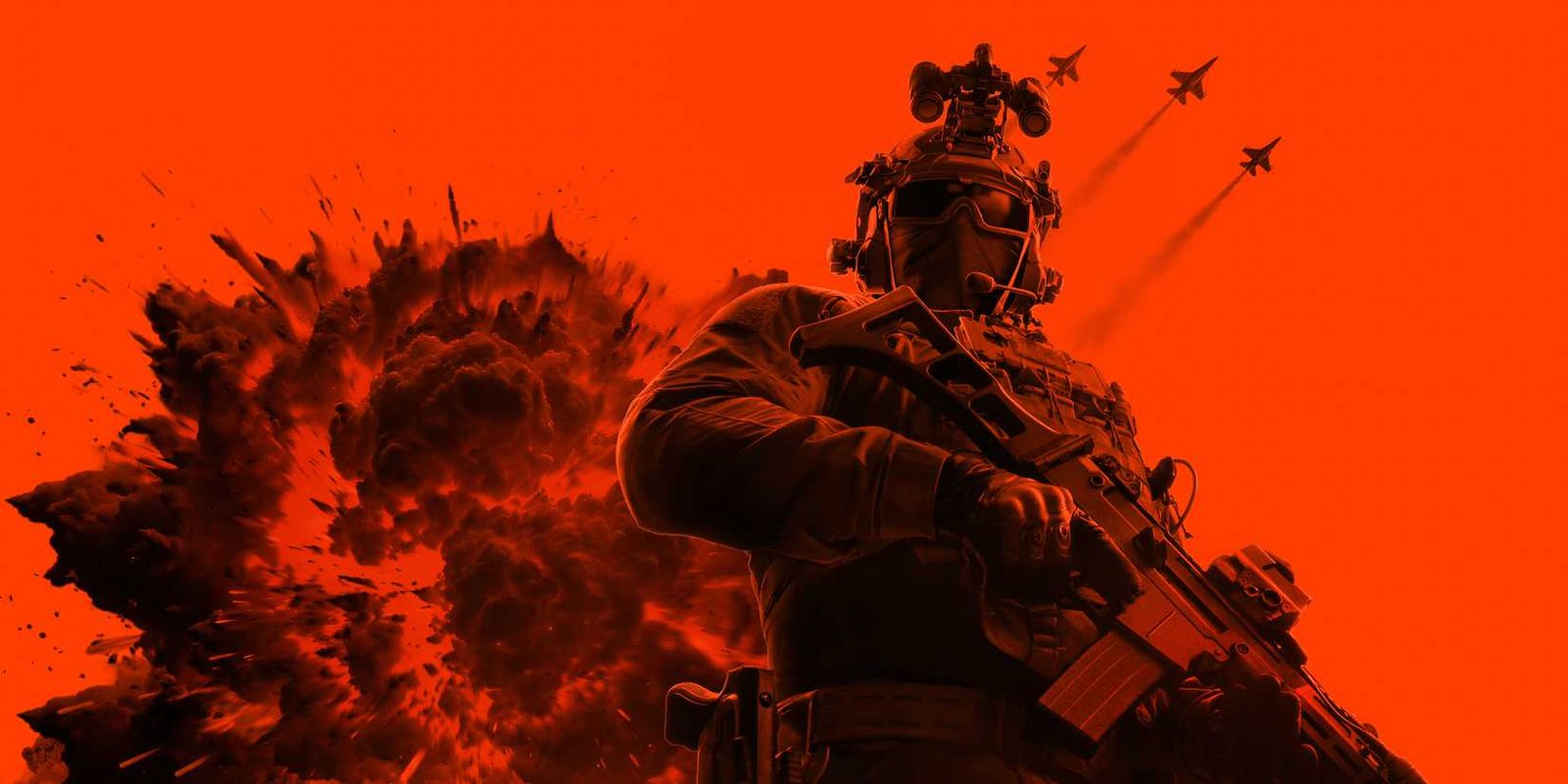 Battlefield 6 character in front of jets and an explosion in all red and black.