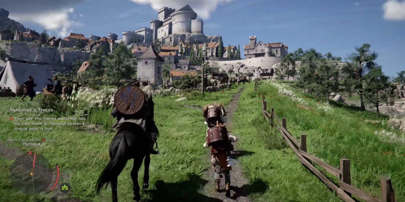 The player riding a horse towards a city in Crimson Desert.